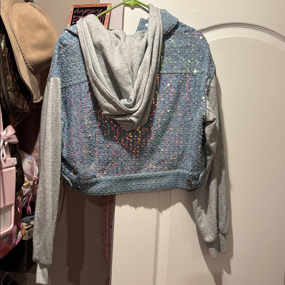 Dance & Marvel cropped sequin/sweater jean jacket- size M - Picture 5 of 5